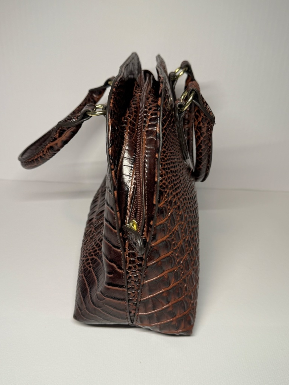 Liz Claiborne Brown Croc Embossed Satchel Handbag Faux Alligator Purse - Picture 3 of 14